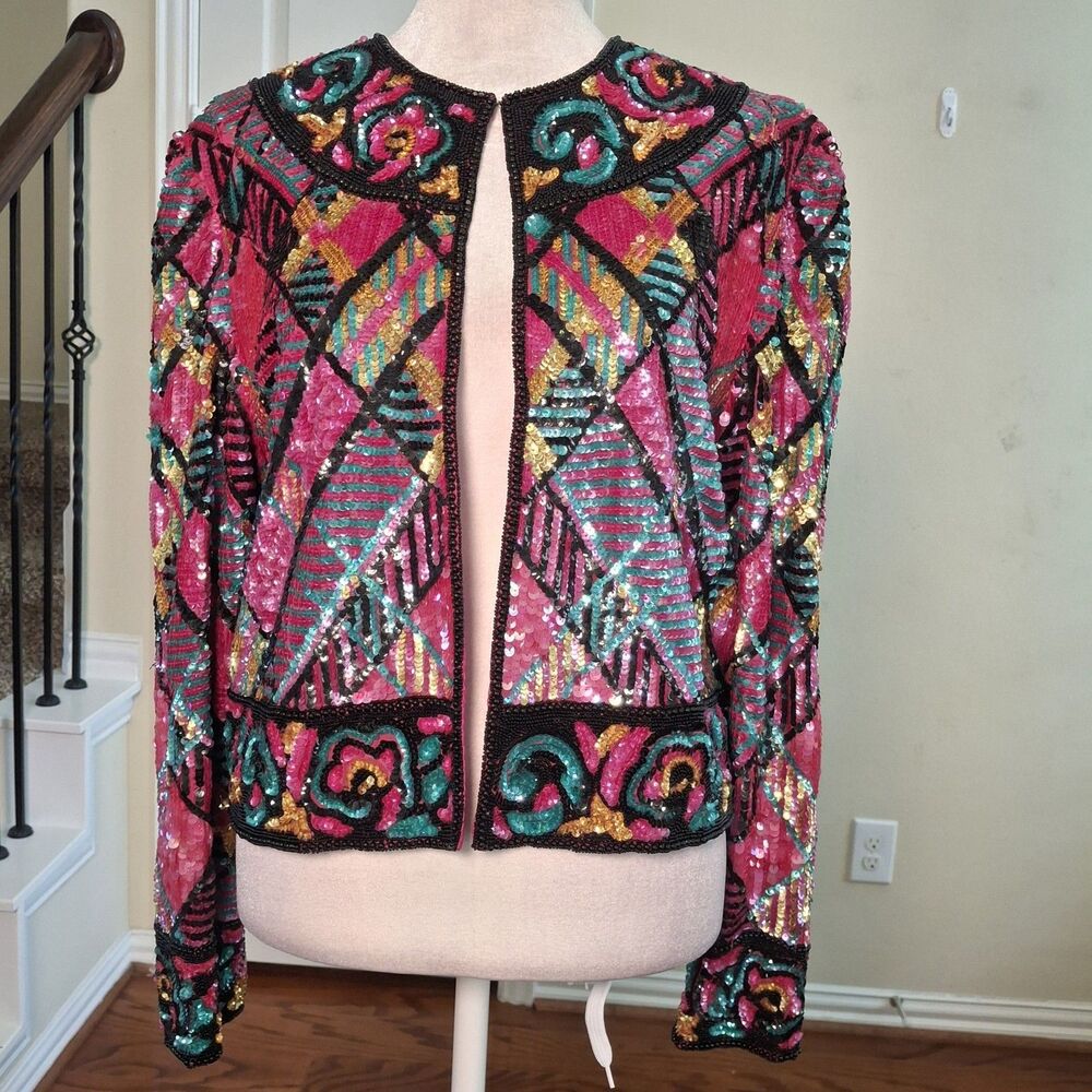 Vintage Niteline Della Roufogali 100% Silk Sequin Beaded Jacket S Art Deco Pink